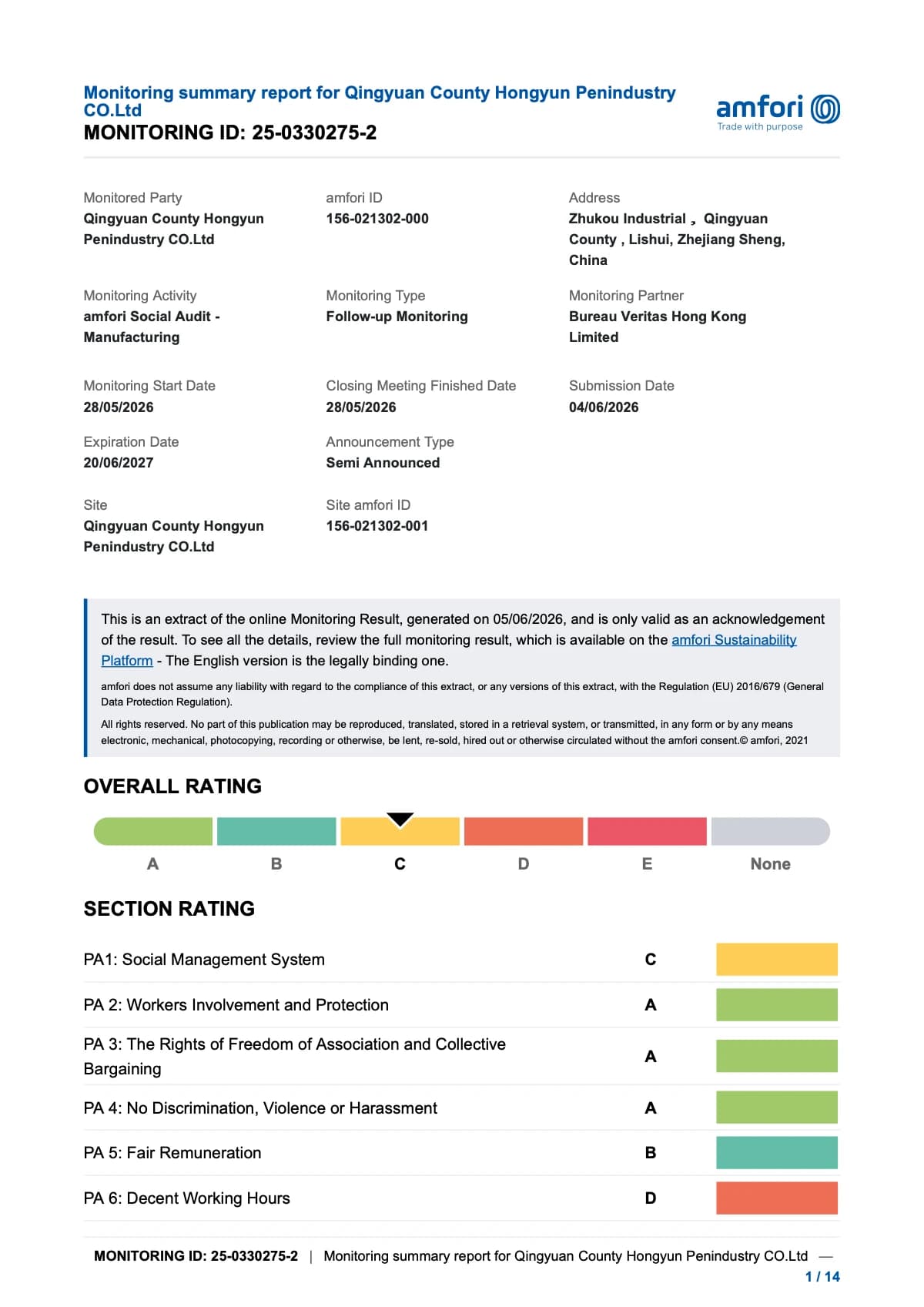 BSCI social compliance audit report 2026 — cover page